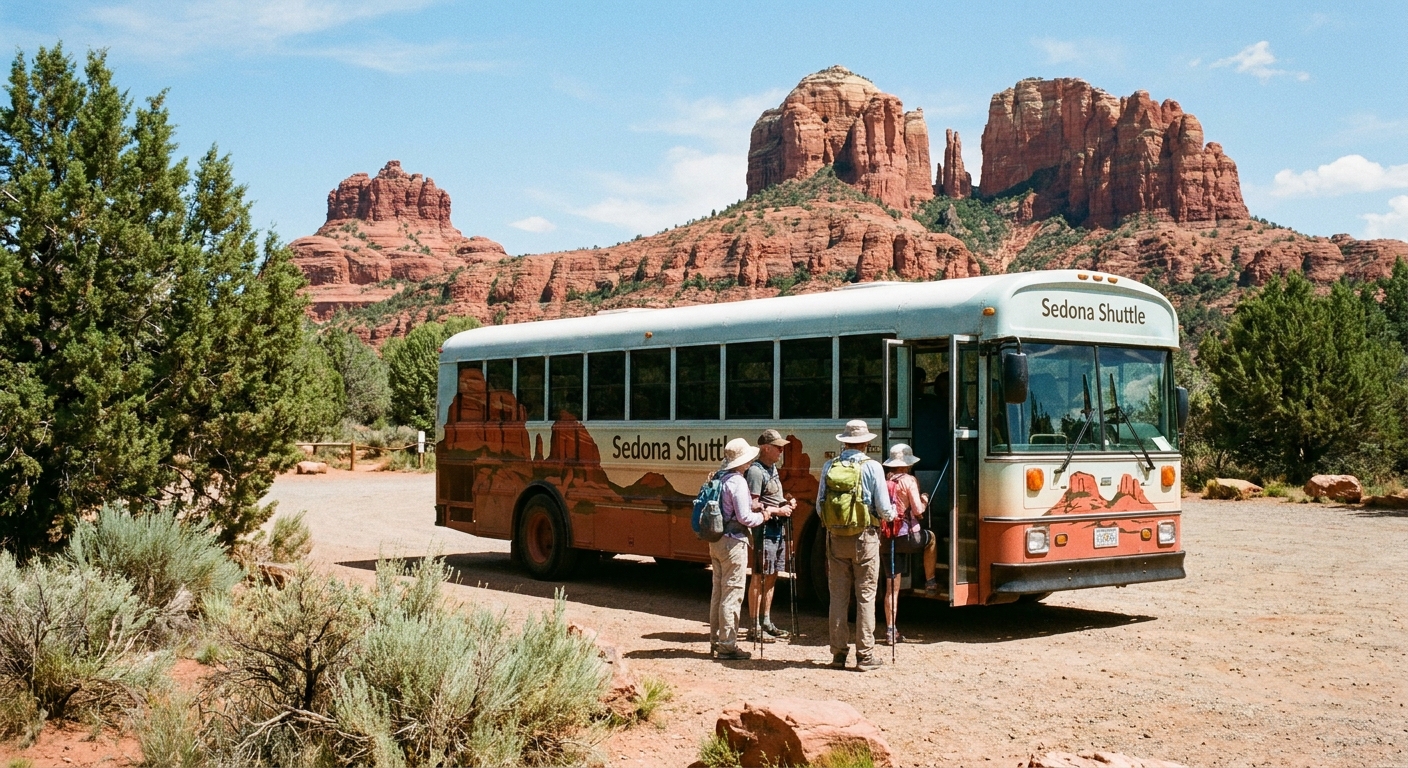 A real photograph of a Sedona shuttle bus stopped at a trailhead with hikers boarding, wearing daypacks and hats, red rock hills in the distance