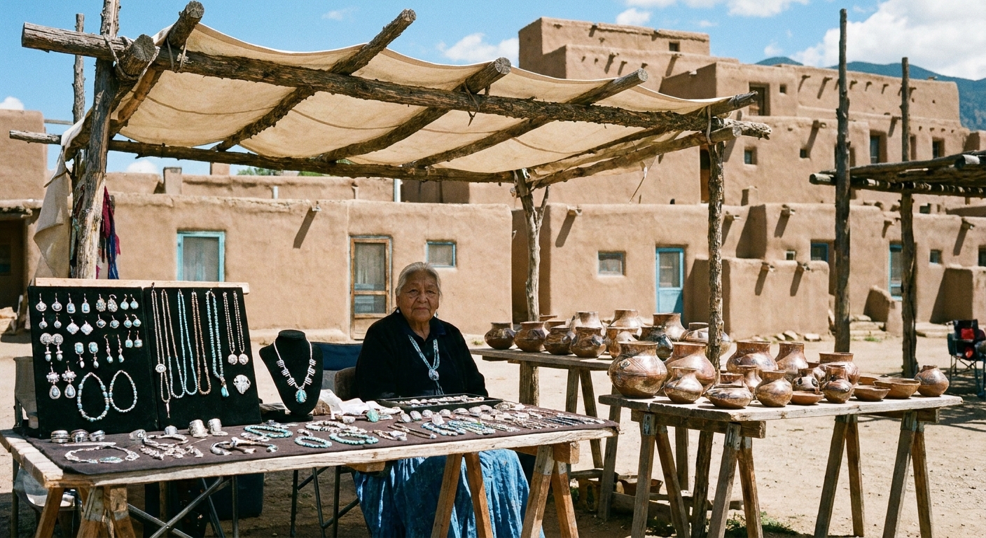A real photograph of a Taos Pueblo artisan booth with handmade jewelry and pottery displayed on a table under shade, with adobe walls in the background
