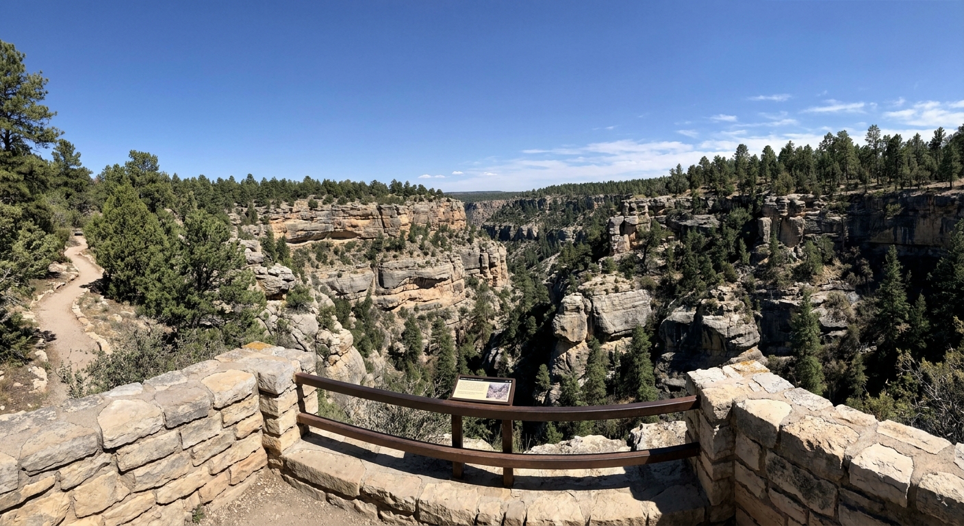 A real photograph of a Walnut Canyon rim overlook with layered limestone canyon walls and pine trees framing the view, bright Arizona sky, a visitor viewpoint railing visible, no readable text