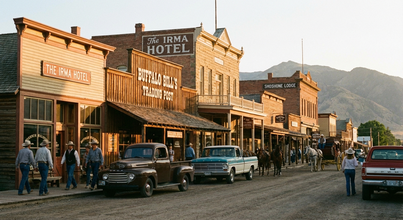 A real photograph of a Western-style main street in Cody, Wyoming with wooden storefronts, parked trucks, people walking, and warm afternoon light, travel photography