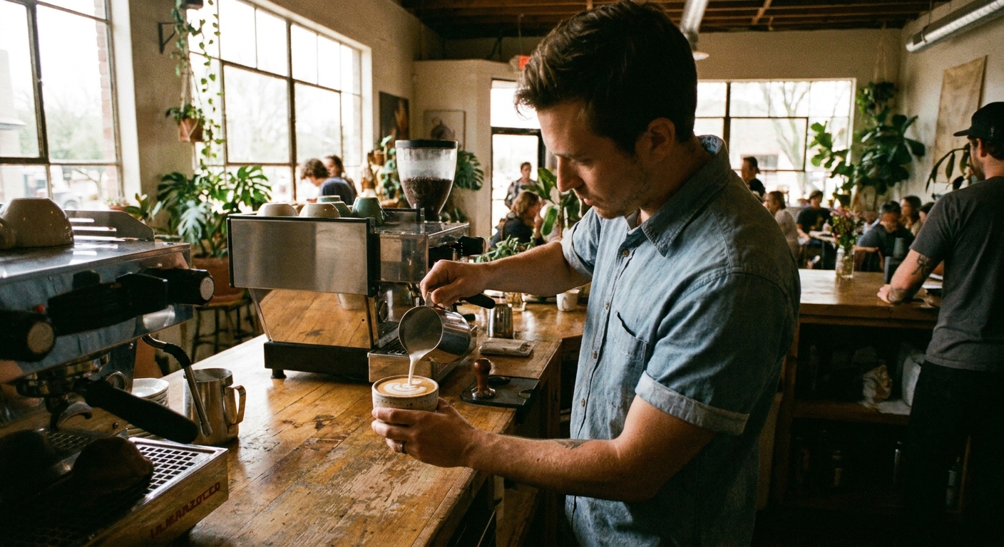 A real photograph of a barista in a Tucson coffee shop pouring steamed milk into a ceramic cup on a wooden counter with warm indoor light