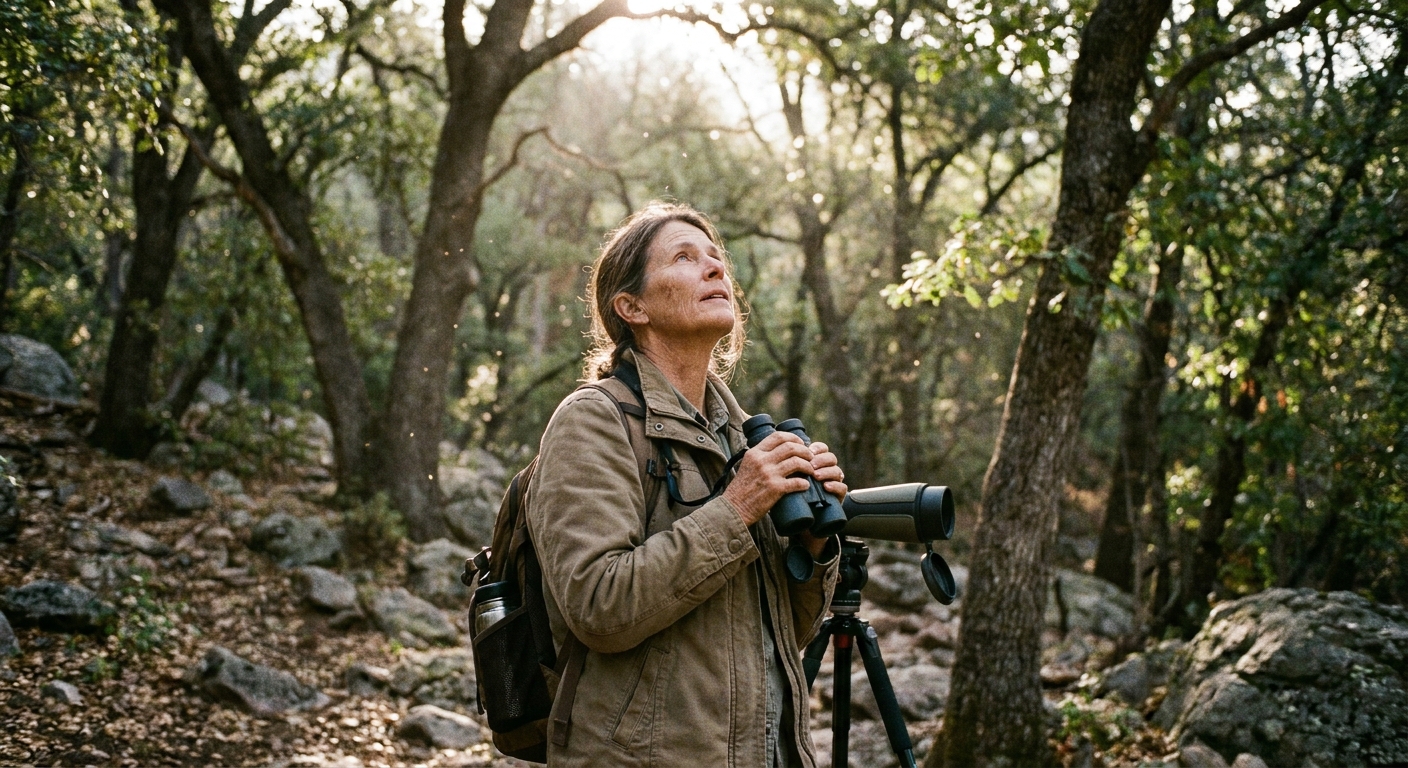 A real photograph of a birdwatcher standing quietly under oak trees in Madera Canyon, holding binoculars and looking up into the canopy in soft morning light