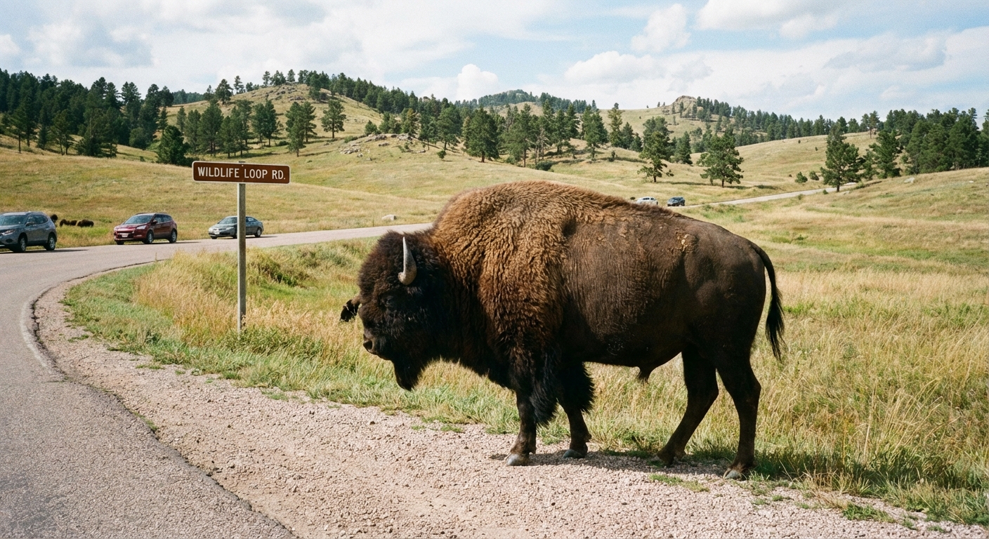 A real photograph of a bison standing near the edge of Wildlife Loop Road in Custer State Park with rolling prairie and pine-covered hills in the background