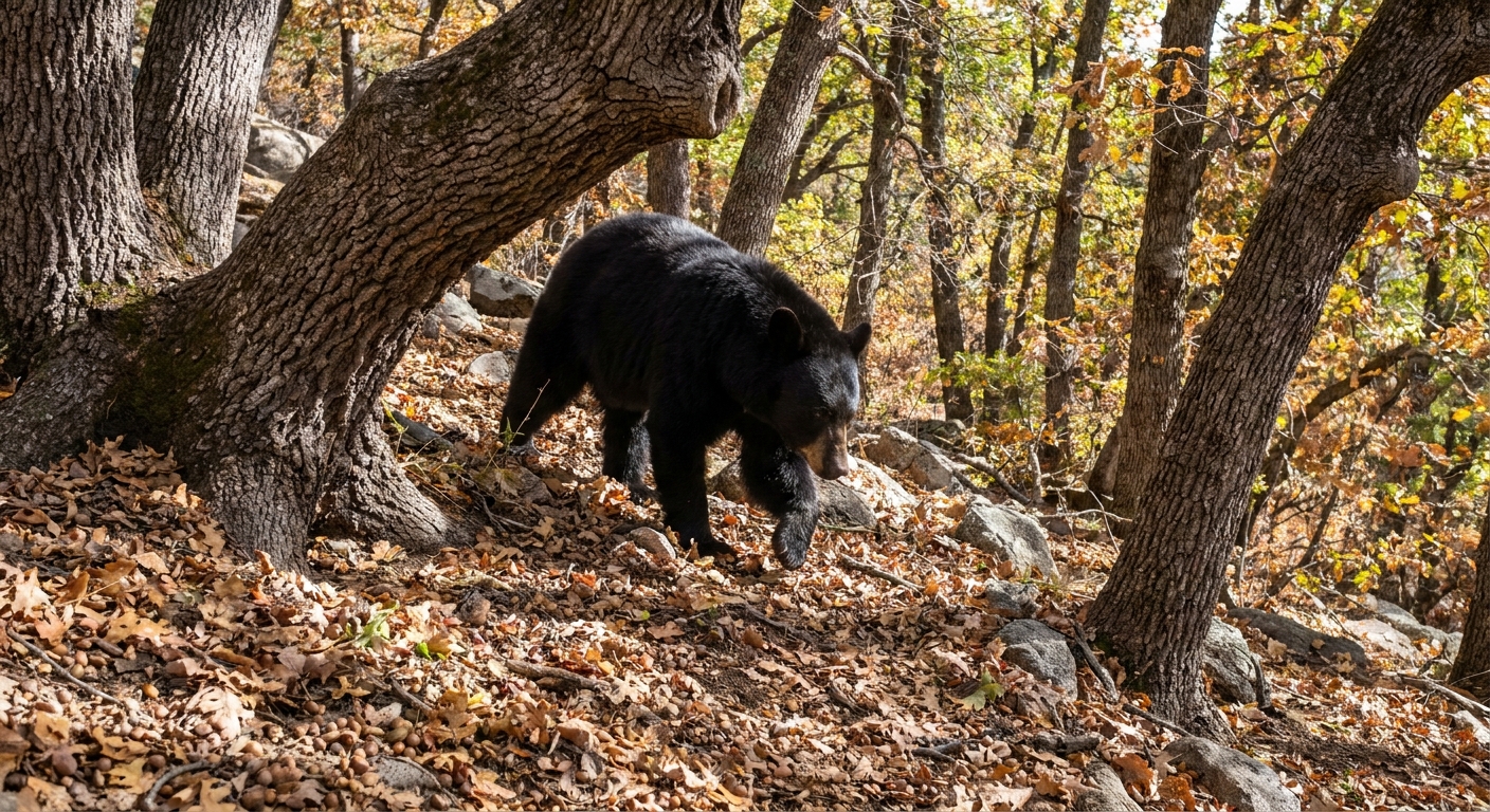 A real photograph of a black bear walking through a wooded slope in Madera Canyon, partially framed by oak trunks and leaf litter on the ground