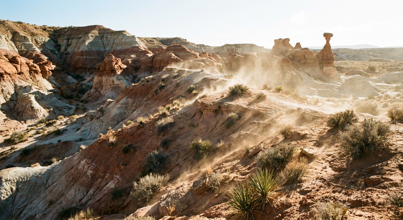A real photograph of a breezy desert ridgeline near the Toadstool Hoodoos with blowing sand, low shrubs, and layered badlands under bright afternoon sun