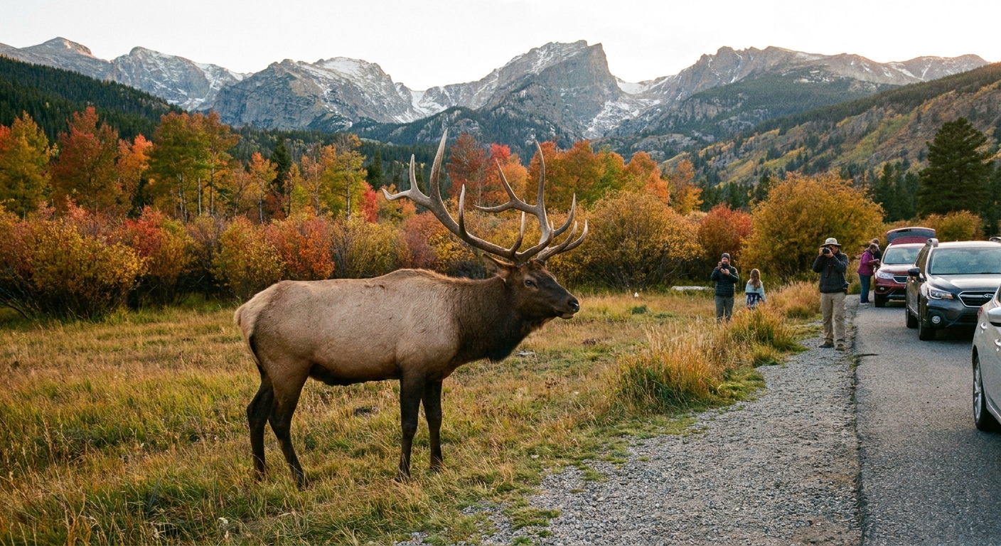 A real photograph of a bull elk standing in a grassy meadow near a roadside pullout in Rocky Mountain National Park, with autumn-colored shrubs and mountains in the background