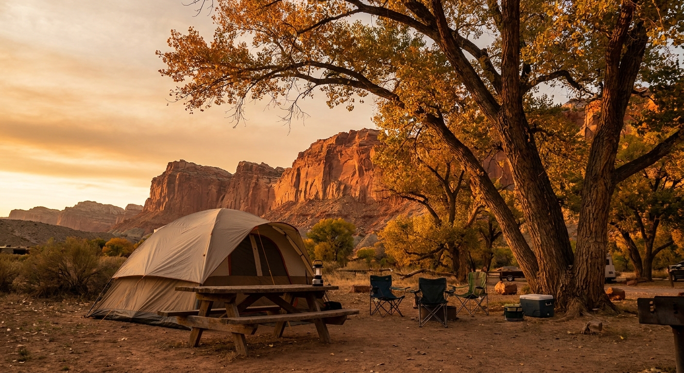 A real photograph of a campsite in Fruita at Capitol Reef with cottonwood trees, a picnic table, a tent set up in warm evening light, and red rock cliffs in the background