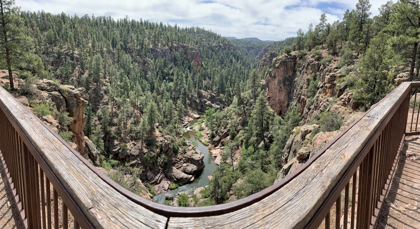 A real photograph of a canyon overlook at Tonto Natural Bridge State Park with a safety railing and forested cliffs dropping to the creek below