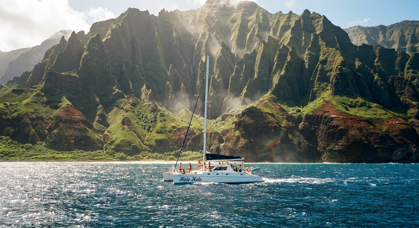A real photograph of a catamaran cruising offshore along Kauai’s Na Pali Coast, with towering green cliffs in the background and sparkling ocean in the foreground