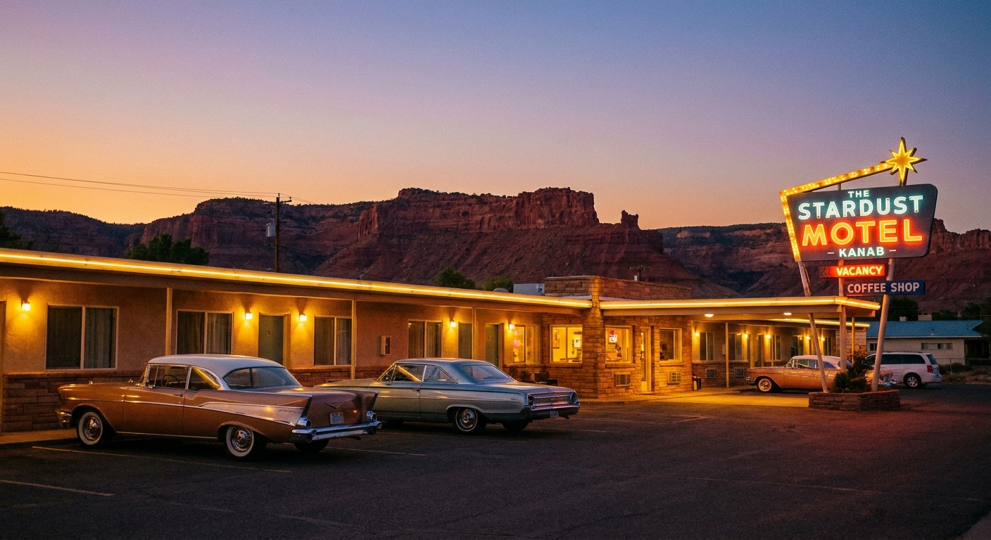 A real photograph of a classic roadside motel in Kanab, Utah, at dusk with warm exterior lights and parked cars, desert cliffs faintly visible in the background
