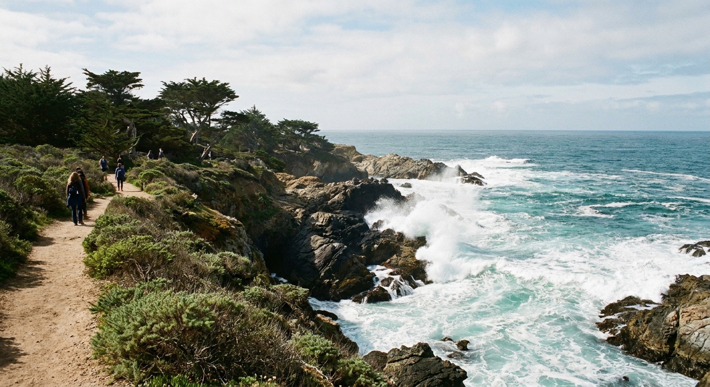 A real photograph of a coastal footpath at Point Lobos near Sea Lion Point with waves breaking against dark rocks below and low coastal scrub lining the trail