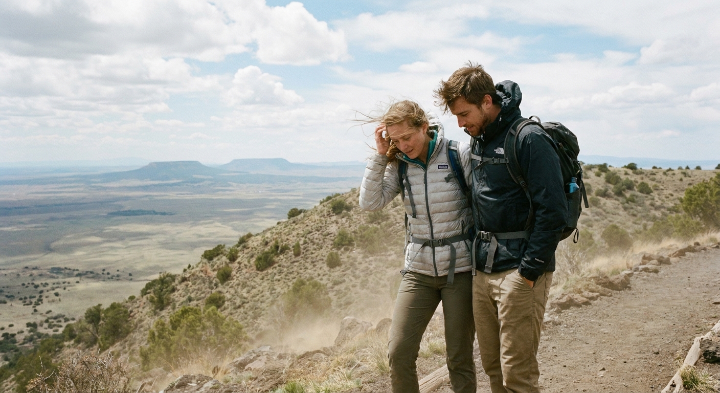 A real photograph of a couple of hikers walking along the Crater Rim Trail at Capulin Volcano, wearing light jackets in windy conditions with wide plains visible beyond the rim