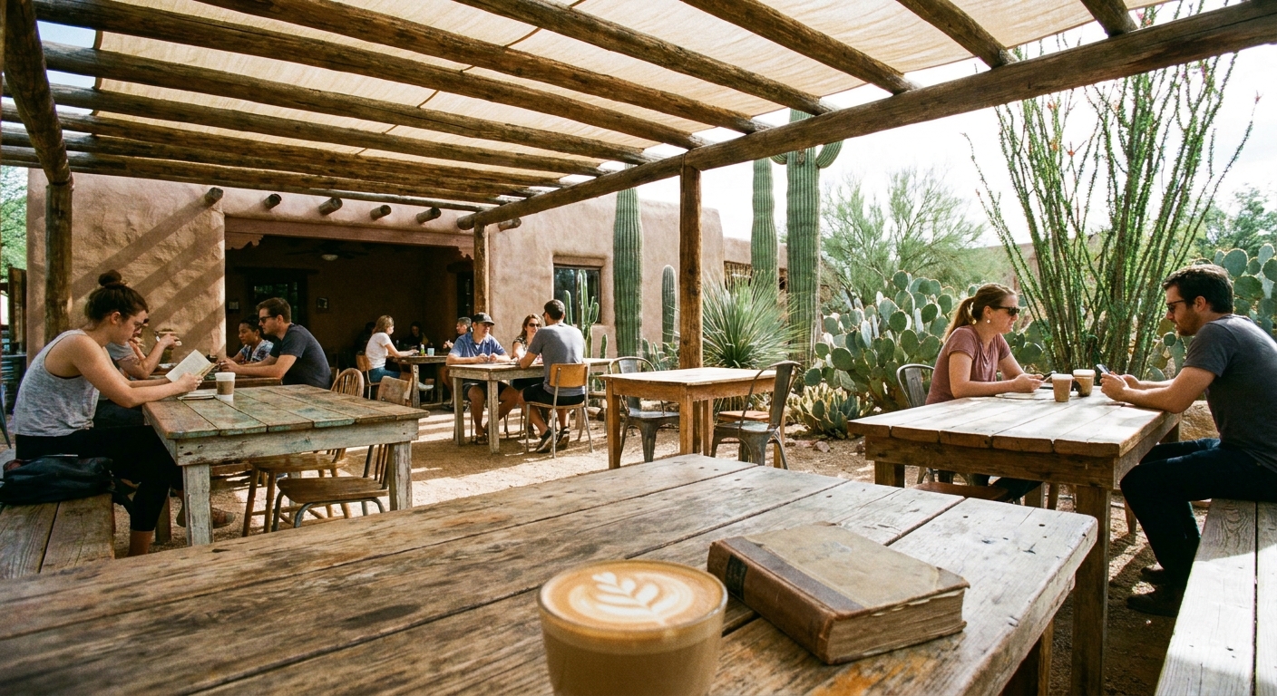 A real photograph of a cozy Tucson coffee shop patio with shaded tables, a latte on the table, and desert plants in the background