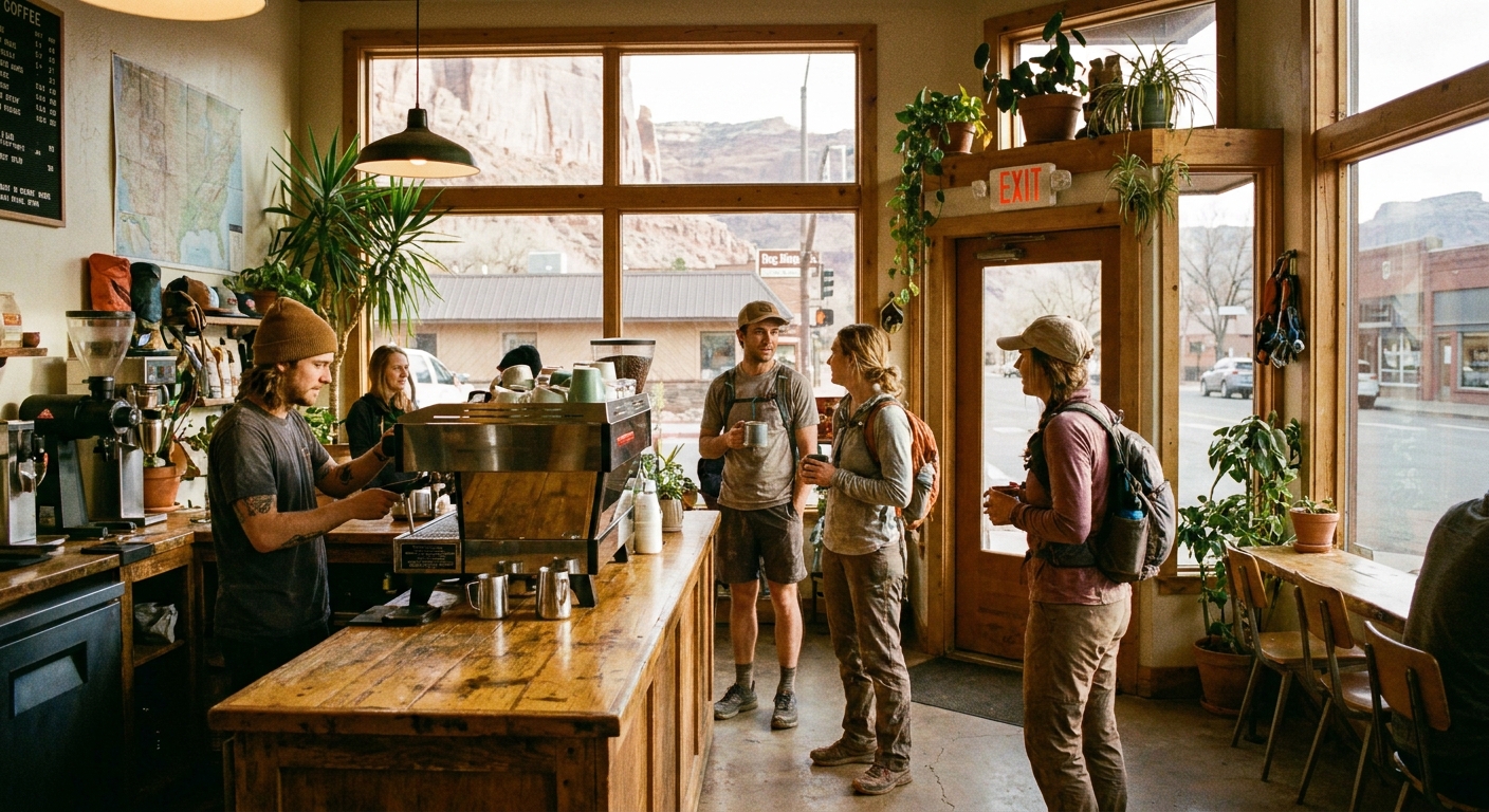 A real photograph of a cozy coffee shop in Moab, Utah with morning light on a wooden counter, a barista preparing espresso, and hikers in dusty trail clothes waiting with small backpacks
