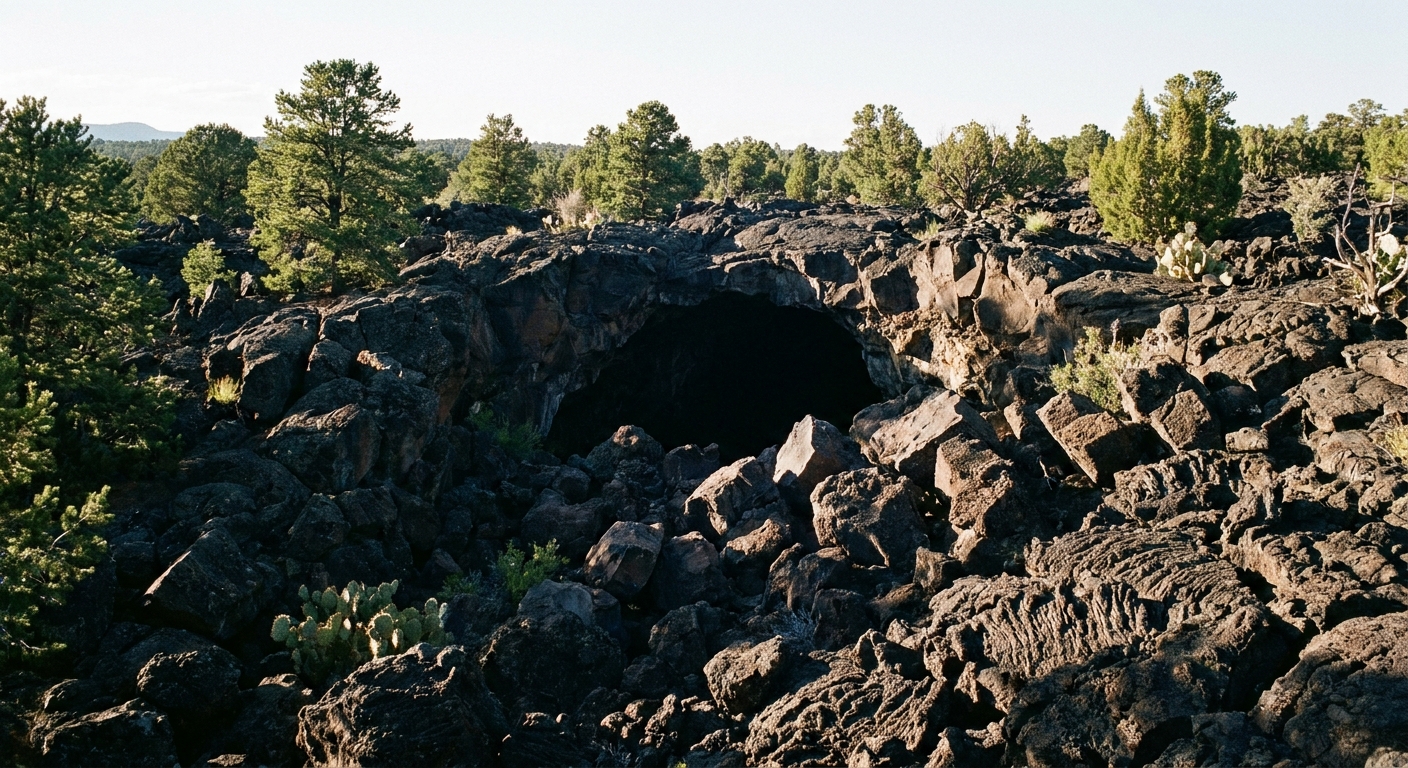 A real photograph of a dark lava tube cave entrance opening in a field of jagged black basalt at El Malpais National Monument