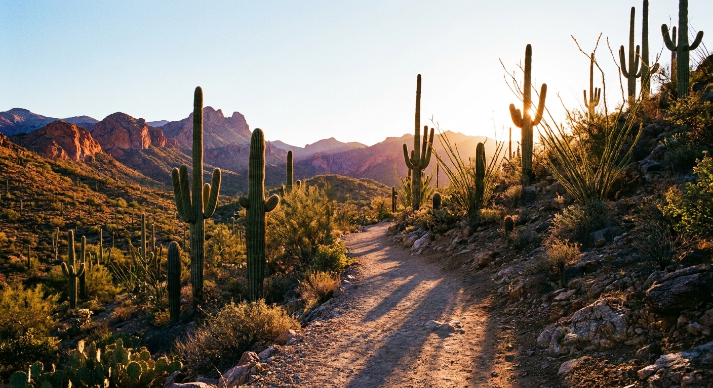 A real photograph of a desert hiking trail winding through tall saguaros in Saguaro West during early morning light, with rocky hills in the background