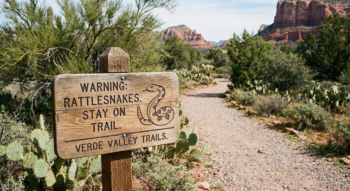 A real photograph of a desert trail sign in the Verde Valley warning visitors to watch for rattlesnakes, with gravel path and desert vegetation behind it