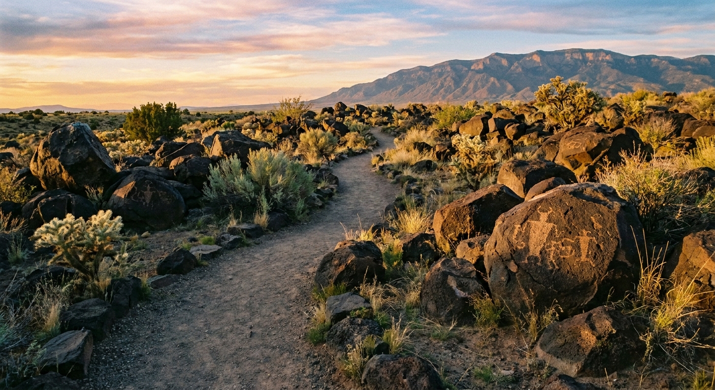 A real photograph of a desert trail winding through dark basalt boulders at Petroglyph National Monument near Albuquerque with sparse shrubs and late afternoon light