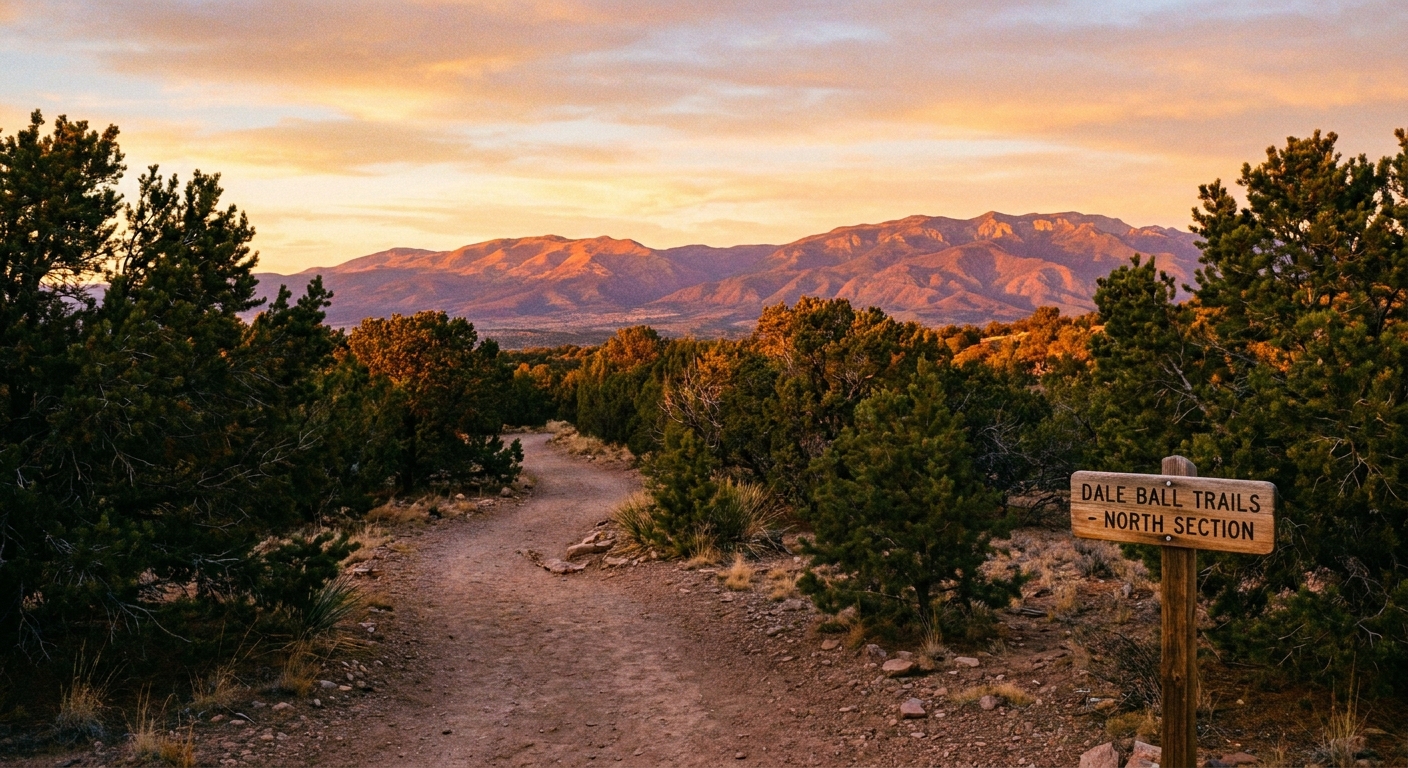 A real photograph of a dirt trail on the Dale Ball Trails in the Santa Fe foothills with scrubby pines and sunset light over distant mountains
