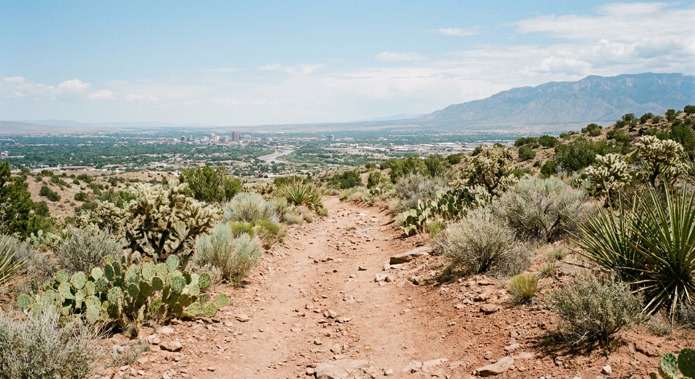 A real photograph of a dusty foothills trail with desert plants and a wide view over Albuquerque under a bright sky