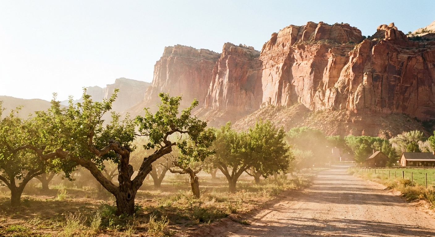 A real photograph of a dusty roadside view in Capitol Reef National Park near Fruita, with green orchard trees in the foreground and tall red sandstone cliffs rising behind them in bright morning light