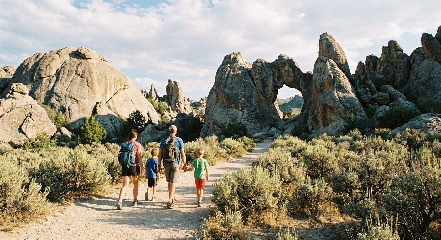 A real photograph of a family walking on a sandy trail toward the Window Arch formation in City of Rocks National Reserve, with granite domes and sagebrush around them