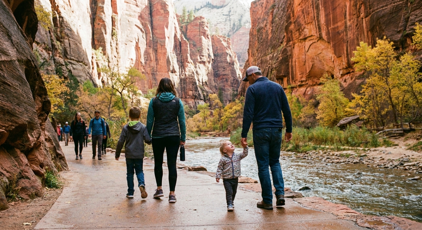 A real photograph of a family walking on the paved Riverside Walk in Zion, with a child holding an adult's hand and massive sandstone walls rising above