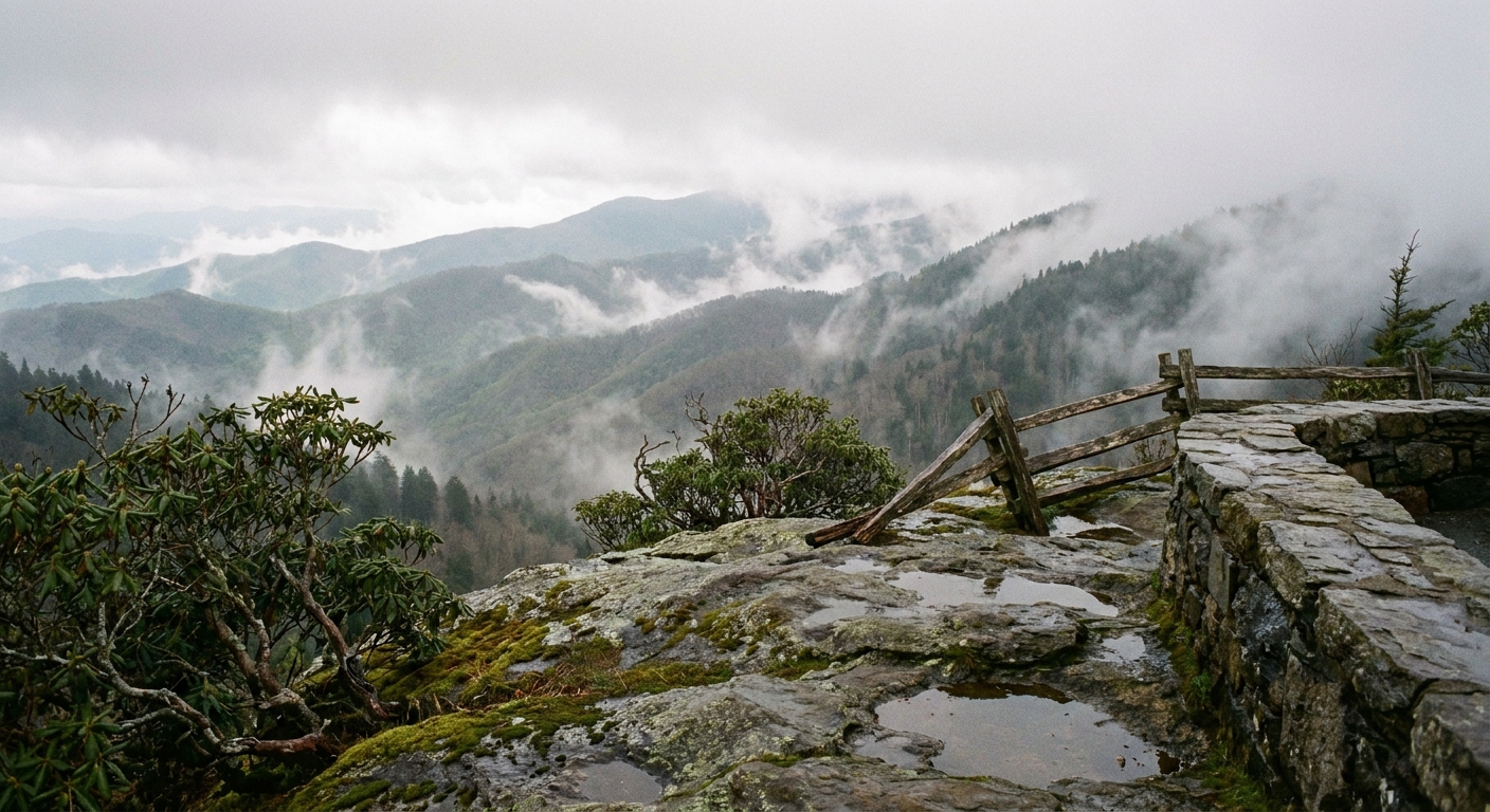 A real photograph of a foggy rocky overlook in Great Smoky Mountains National Park, with low clouds rolling over ridgelines and damp stone underfoot