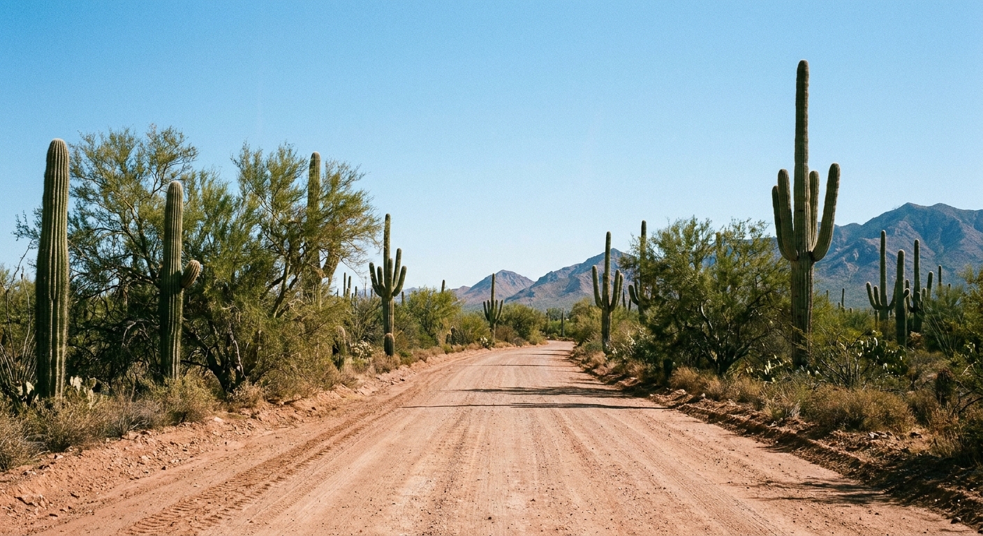 A real photograph of a graded dirt road winding through the Sonoran Desert with saguaros on both sides in Ironwood Forest National Monument under a clear blue sky