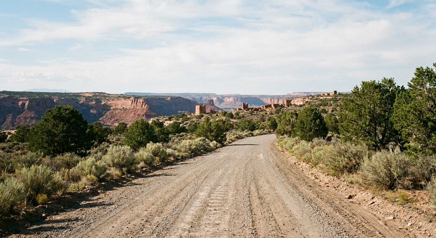 A real photograph of a graded gravel road leading through high desert toward Hovenweep National Monument, with low sagebrush, distant mesas, and a wide open sky