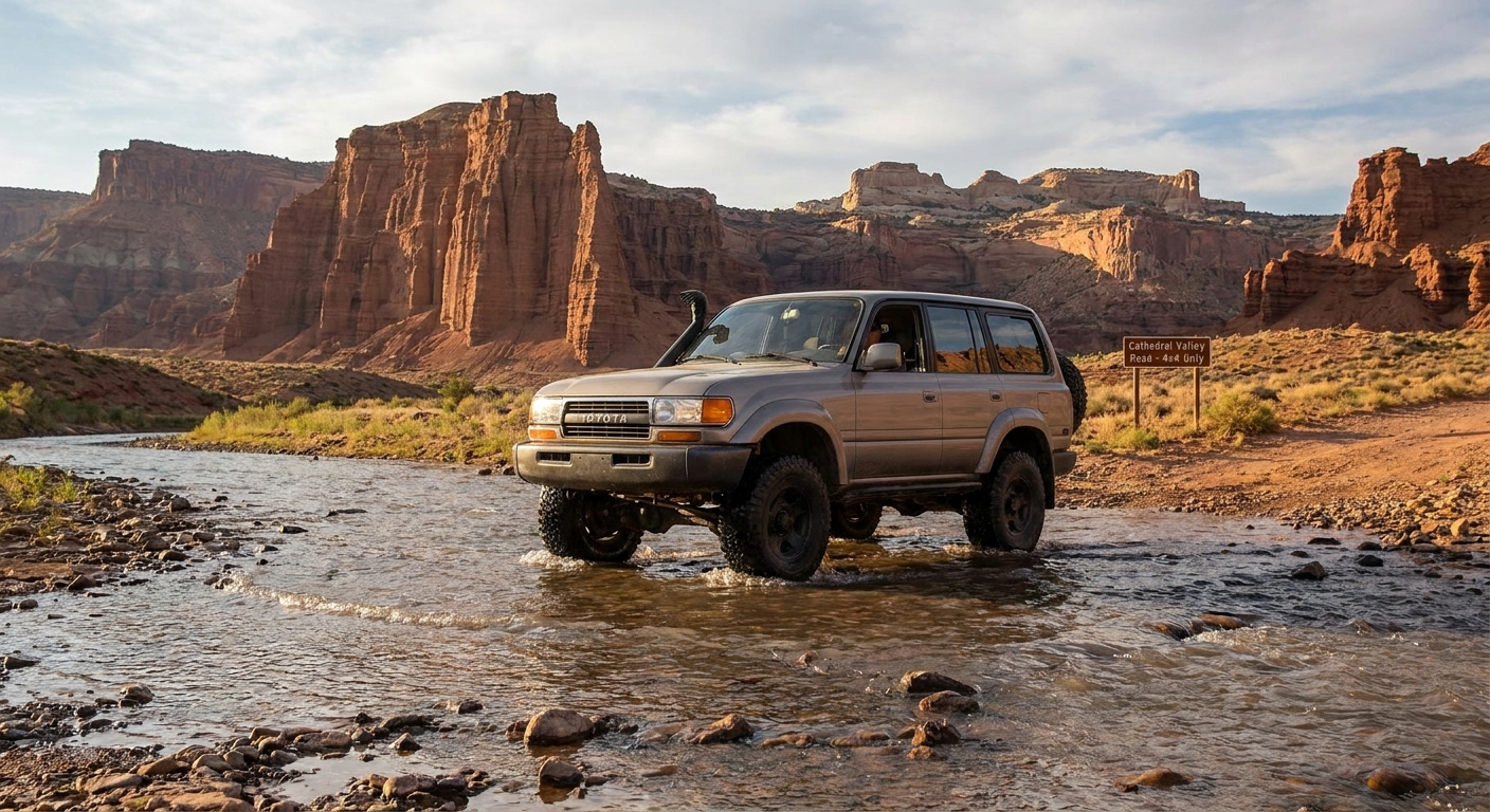 A real photograph of a high-clearance 4x4 vehicle slowly fording the Fremont River at the Cathedral Valley Road crossing in Capitol Reef, with shallow ripples around the tires and desert cliffs in the background
