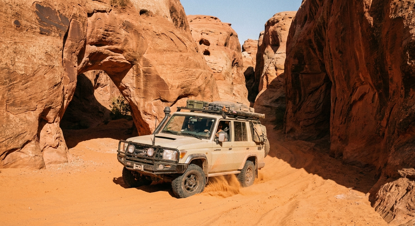 A real photograph of a high-clearance 4x4 vehicle driving through deep sand between red rock walls in Canyonlands Maze District