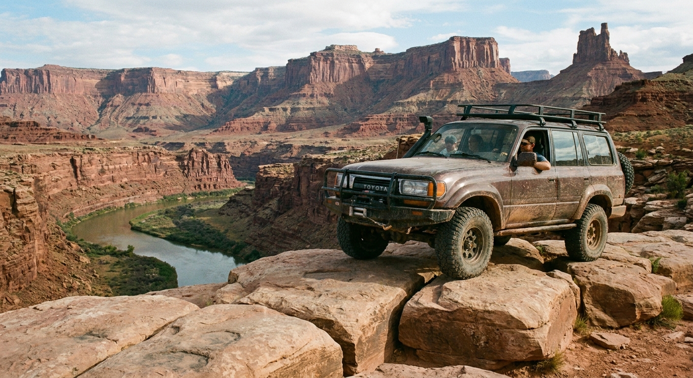 A real photograph of a high-clearance 4x4 vehicle carefully driving a rocky sandstone ledge on White Rim Road in Canyonlands, with desert cliffs in the background