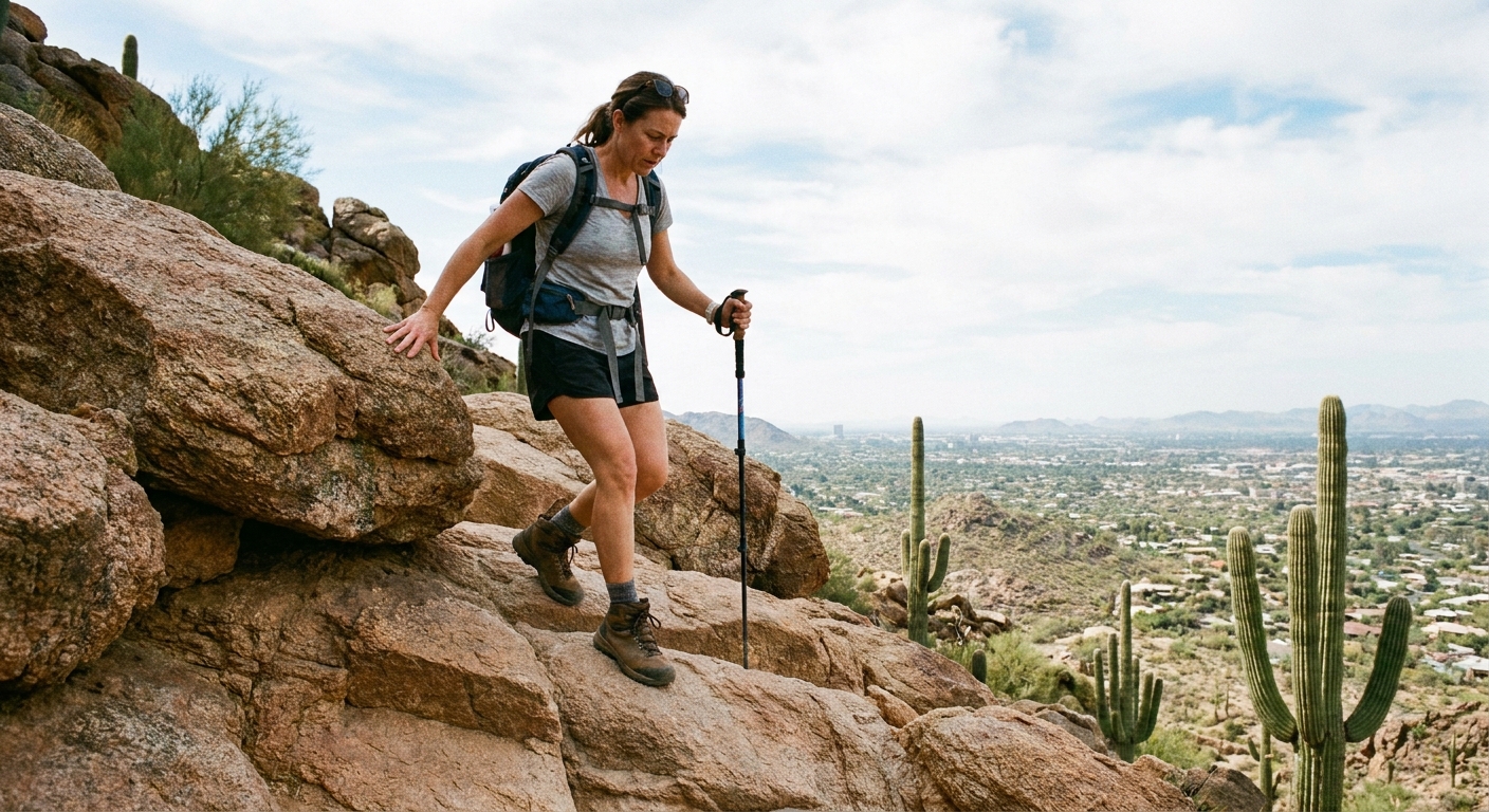 A real photograph of a hiker carefully descending a steep rocky trail on Camelback Mountain in Phoenix, stepping down ledges with hands ready for balance