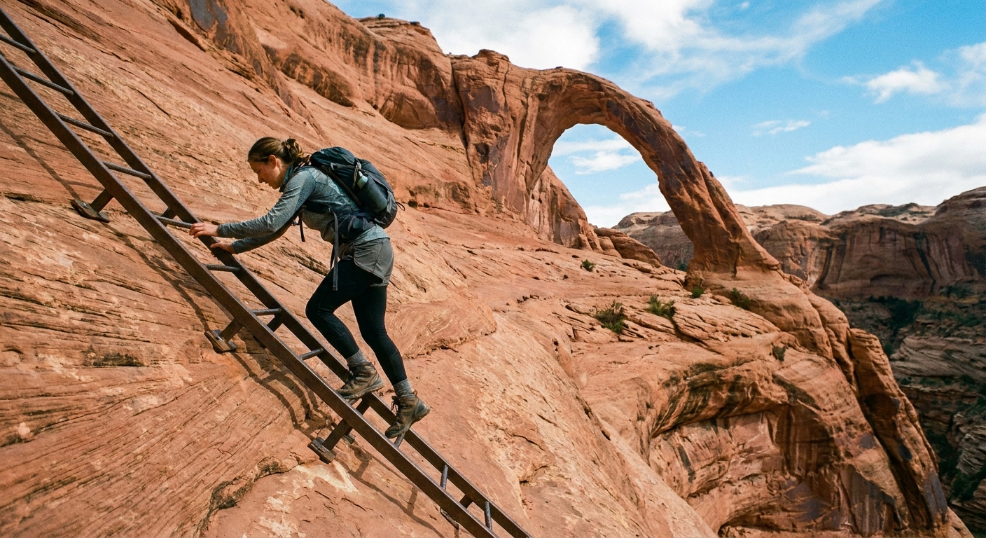 A real photograph of a hiker climbing a metal ladder anchored to sloping red sandstone on the Corona Arch Trail near Moab