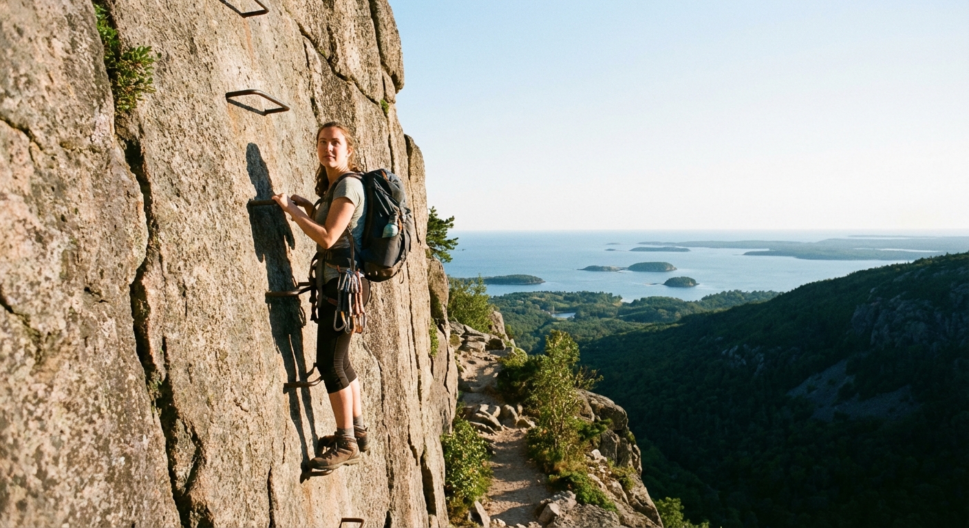 A real photograph of a hiker climbing iron rungs on the Precipice Trail in Acadia National Park with steep granite cliffs and a distant view of Frenchman Bay, crisp daylight, adventure travel photography