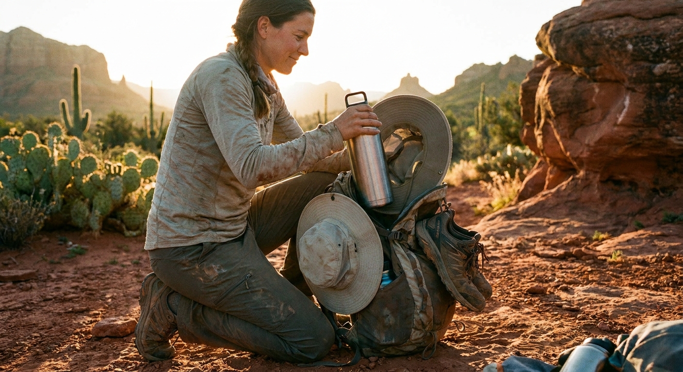 A real photograph of a hiker kneeling beside an open daypack on desert ground, placing a large water bottle, a sun hat, and trail shoes into the pack in warm morning light