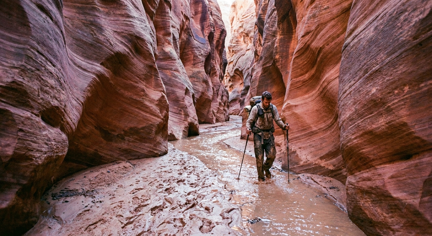 A real photograph of a hiker moving carefully through a muddy sandy section of Buckskin Gulch, with towering vertical sandstone walls and footprints in wet silt