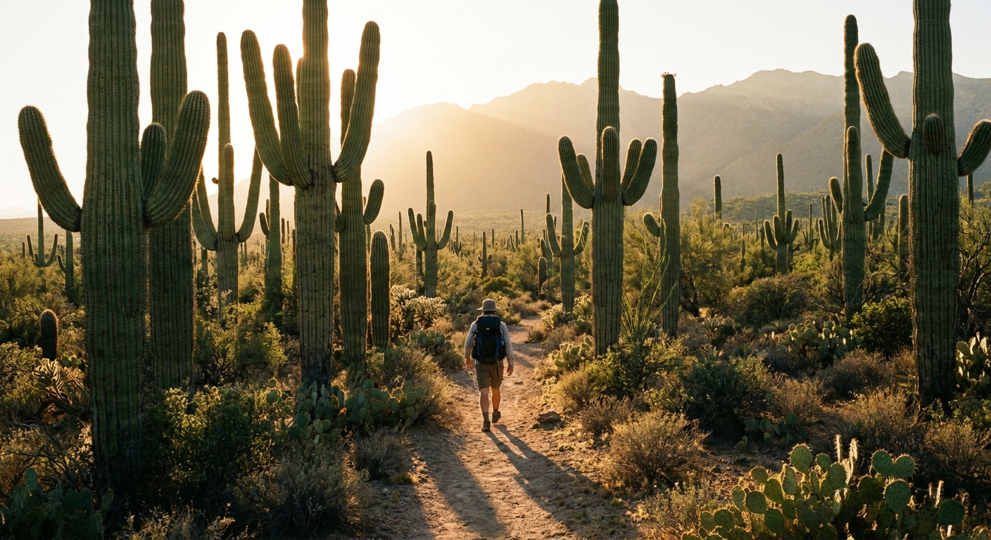 A real photograph of a hiker on a narrow desert trail at golden hour, walking through a dense forest of tall saguaro cacti with Tucson’s mountains in the distance