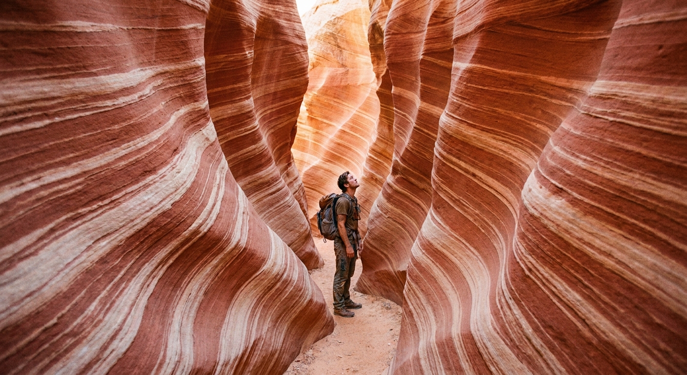 A real photograph of a hiker standing inside Zebra Canyon where smooth sandstone walls curve inward with striped patterns, soft reflected light illuminating the narrow passage