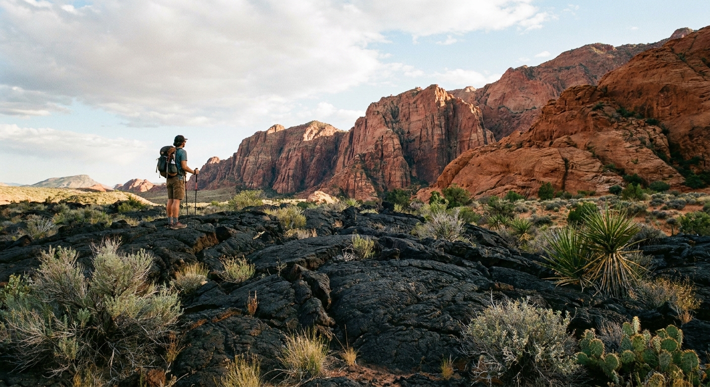 A real photograph of a hiker standing on a black basalt lava flow in Snow Canyon State Park, with red sandstone cliffs and sparse desert plants in the background