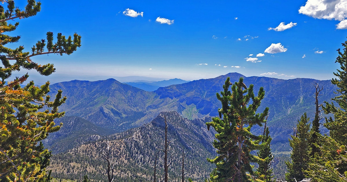 A real photograph of a hiker standing on a rocky ridgeline in the Spring Mountains with sweeping views of layered mountains under a bright blue summer sky