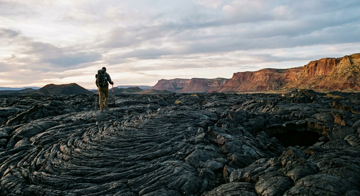 A real photograph of a hiker standing on rippled black lava in El Malpais National Monument with a wide New Mexico sky and distant sandstone cliffs