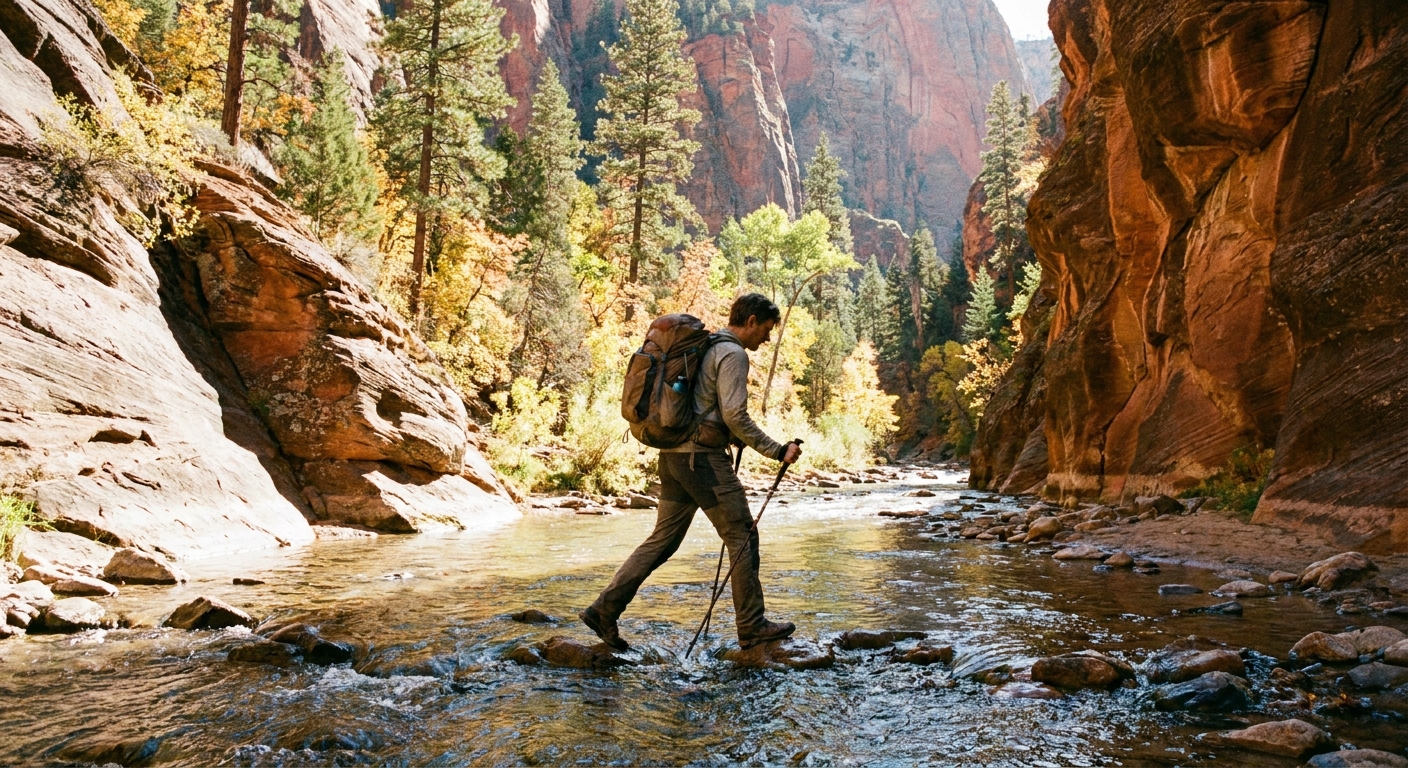 A real photograph of a hiker stepping across stones at a shallow creek crossing on Taylor Creek Trail in Zion's Kolob Canyons, with canyon walls and trees framing the scene