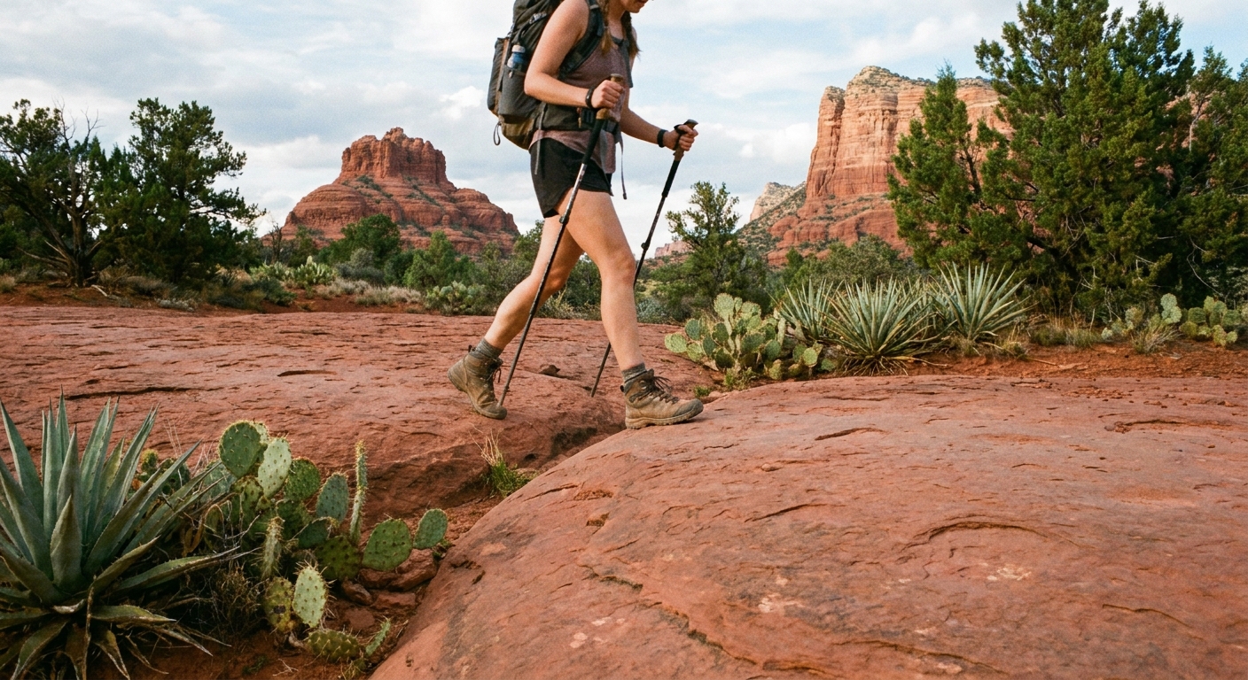 A real photograph of a hiker stepping carefully across a smooth red slickrock slab on the Bell Rock Pathway with desert plants nearby in Sedona