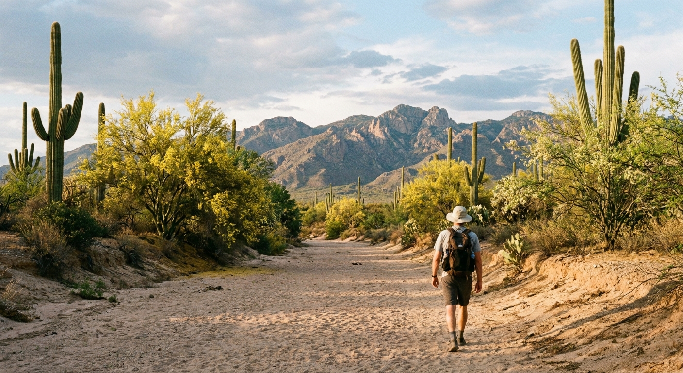 A real photograph of a hiker walking along a sandy desert wash lined with saguaros and palo verde trees in Saguaro East, with the Rincon Mountains rising in the distance