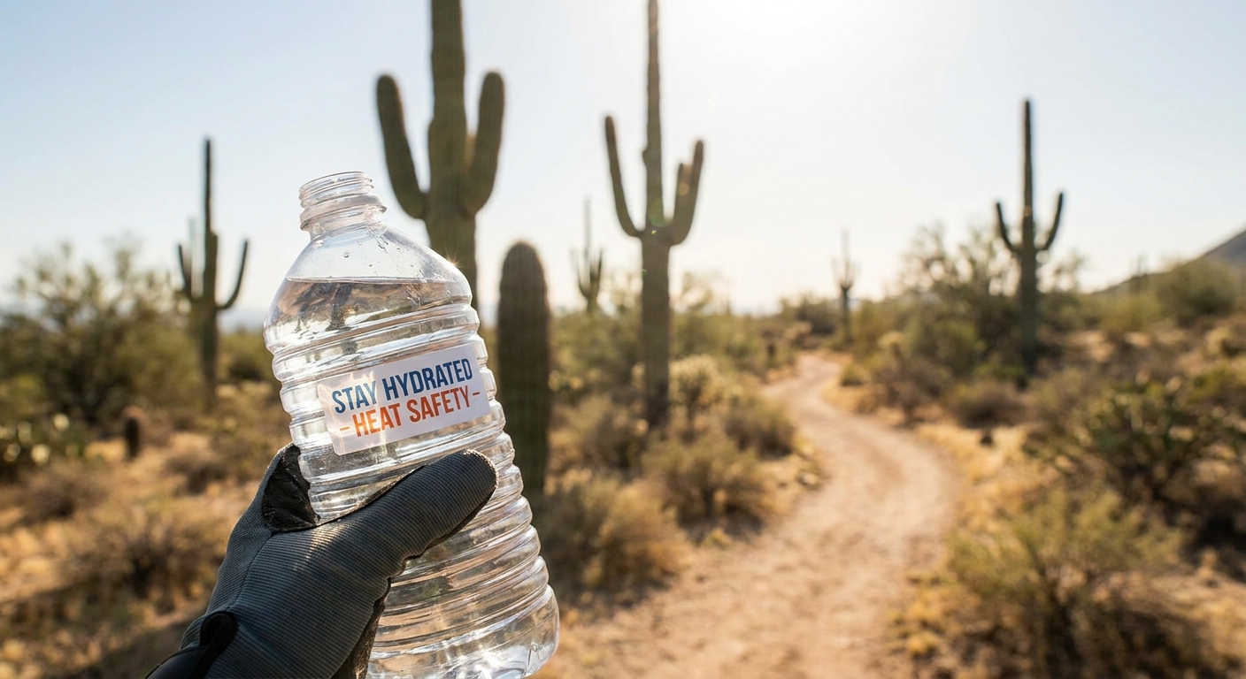 A real photograph of a hiker’s hand holding a large water bottle in the foreground with saguaro cacti and a sunlit desert trail in the background, emphasizing heat safety