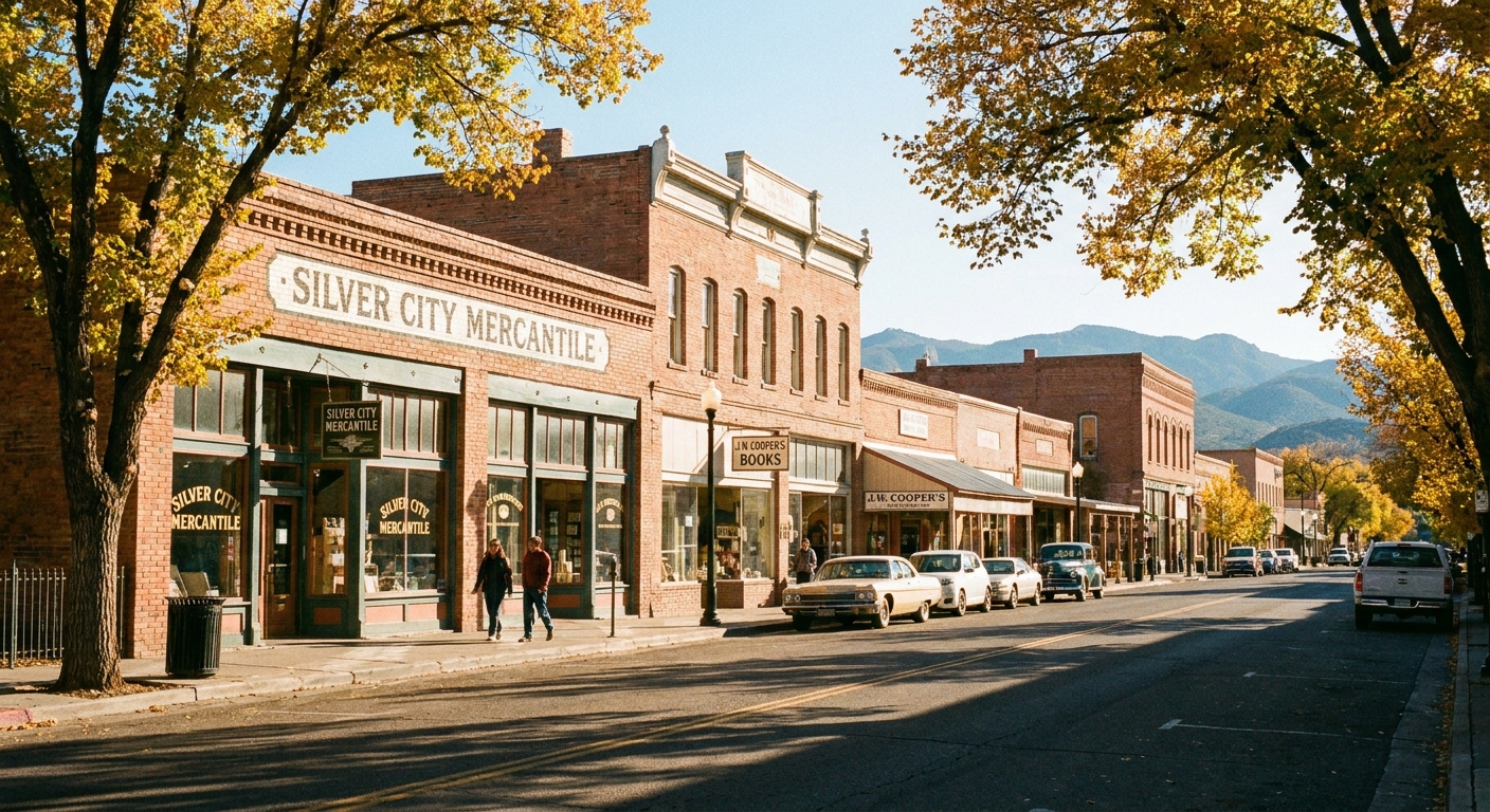A real photograph of a historic downtown street in Silver City New Mexico with brick storefronts, trees, and warm afternoon light
