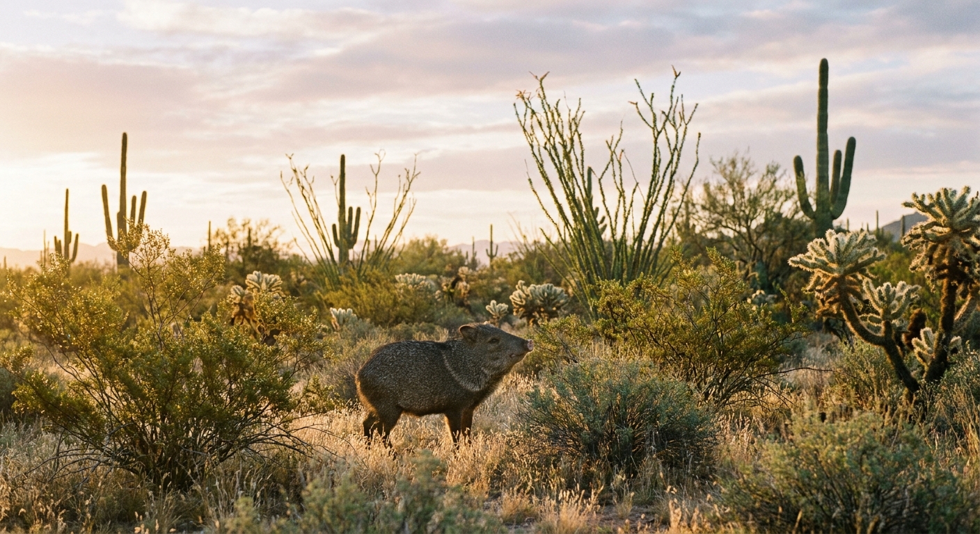 A real photograph of a javelina standing near creosote bushes and desert grasses in Saguaro National Park during soft morning light