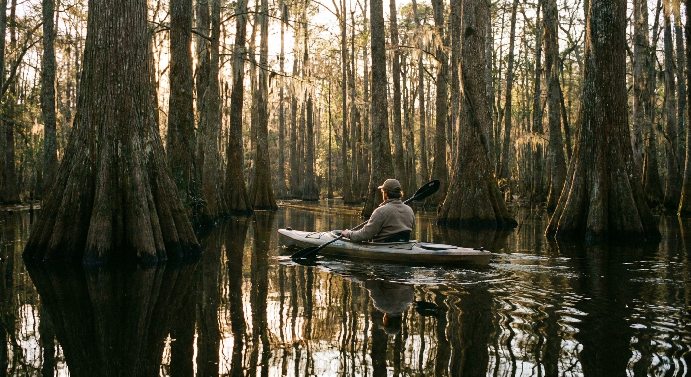 A real photograph of a kayaker paddling through calm, dark water in Congaree National Park with tall trees rising directly from the flooded forest, late afternoon light filtering through leaves